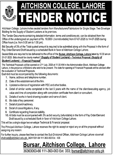 Aitchison College Lahore Tender Notice